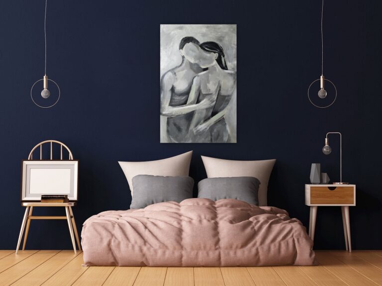 ciemna ściana z romantycznym ujęciem pary w uścisku, wizualizacja obrazu w sypialni