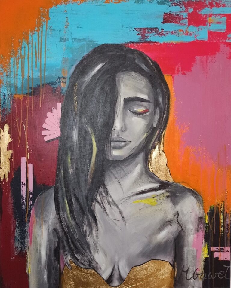 Obraz ręcznie malowany intensywne kolory tła z kobietą o ciemnych włosach